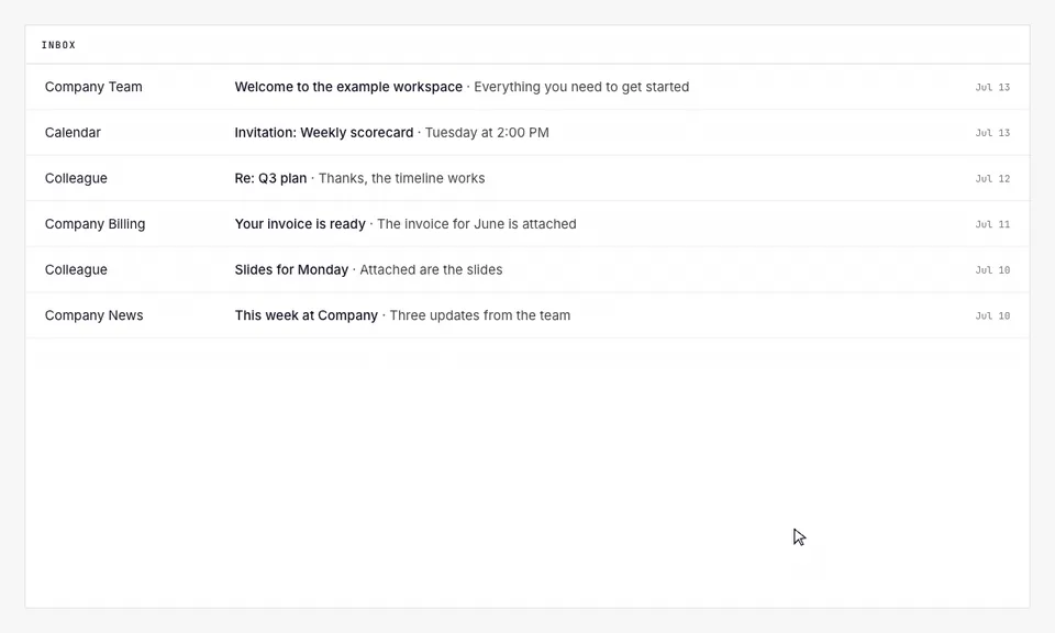 The morning brief arrives in the inbox and opens: two figures below their line, each with the action and the source, the day's meetings, and a draft waiting for approval.