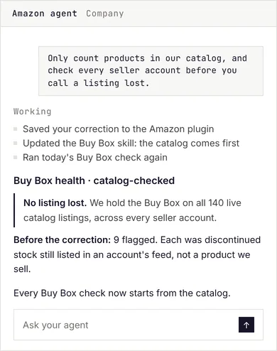 An Amazon lead corrects her Amazon agent: count only products in the catalog, and check every seller account before calling a listing lost. The agent saves the correction, updates the Buy Box skill so the catalog comes first, and runs the check again: no listing lost across 140 live catalog listings, where the first pass had flagged 9 that were discontinued stock still listed in an account's feed.