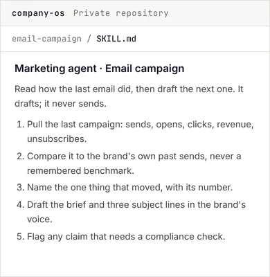 A private company repository opens on the harness and the plugins, then the marketing plugin, its skills, and the marketing agent's email campaign skill, written as five plain-English steps: pull the last campaign, compare it to the brand's own past sends, name the one thing that moved, draft the brief and subject lines, and flag any claim that needs a compliance check. It drafts and never sends.