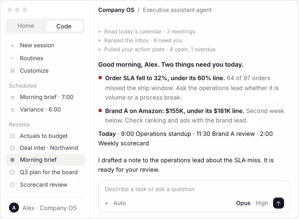 In Claude Code, the person runs /ea-morning-brief; the executive assistant agent reads the calendar, ranks the inbox, pulls the action plate and checks the scorecard, then shows two figures below their line with the action for each, the day's meetings, and a draft to review.
