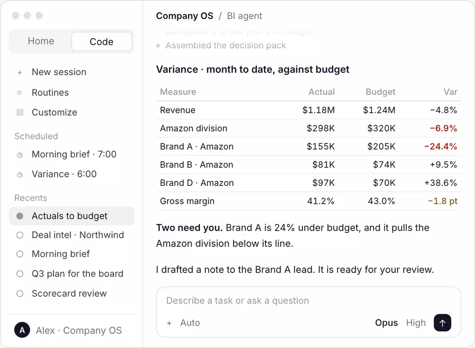 In Claude Code, the person runs /bi-variance; the BI agent pulls yesterday's topline by brand and channel, compares it to last year and budget, and shows the variance table with the two lines that need attention and a draft to review.